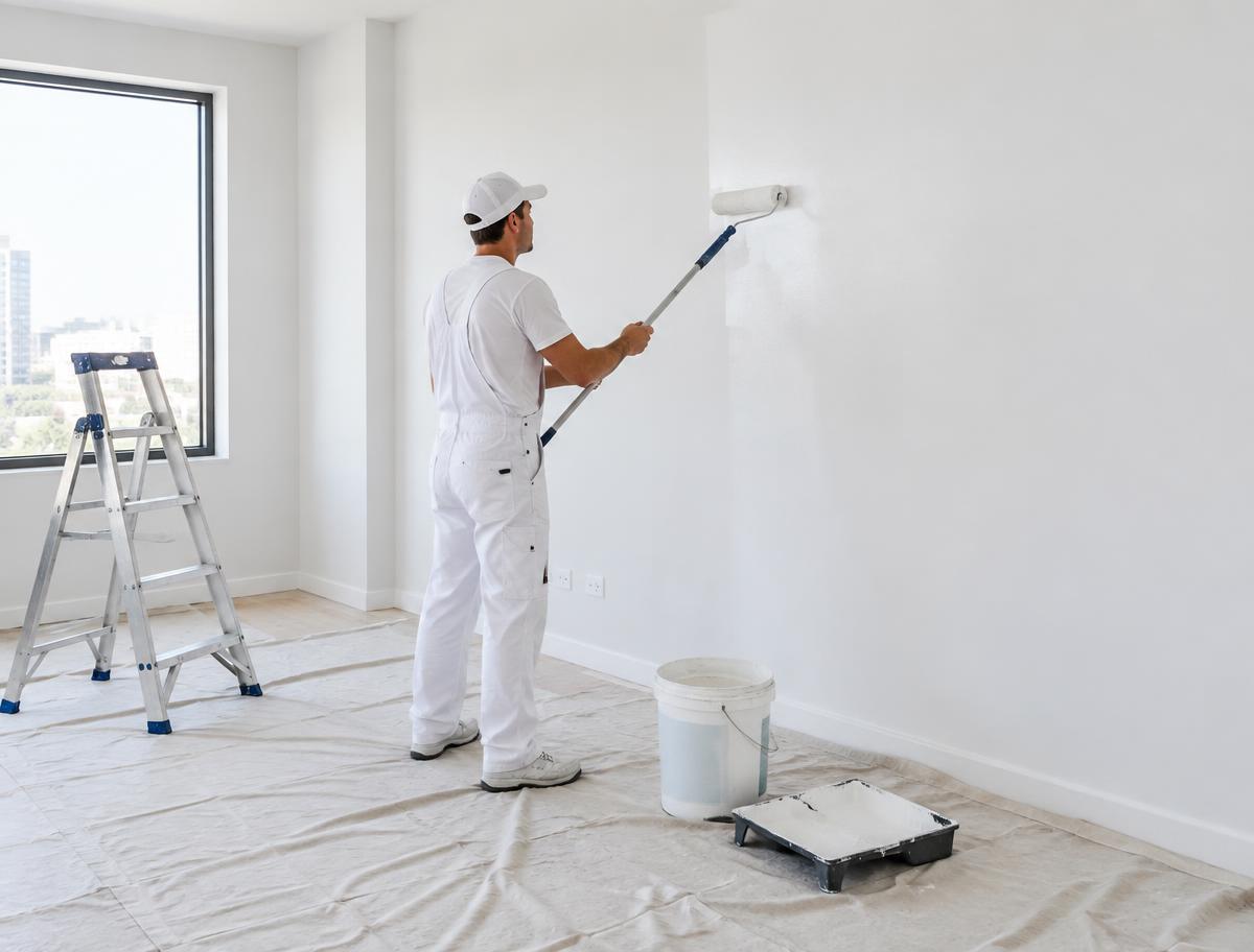 Pintor residencial em Londrina pintando parede com piso protegido